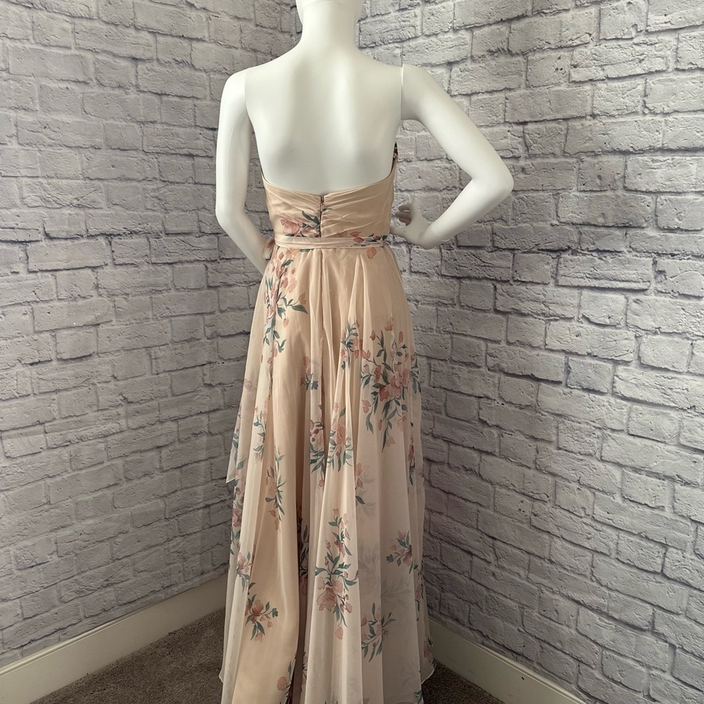 Jenny Yoo Adeline strapless chiffon gown features a romantic pink floral print - Picture 6 of 9